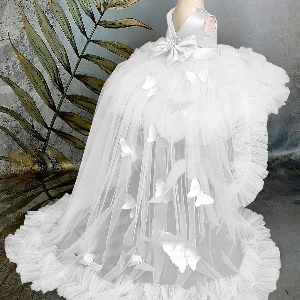 Abito da ragazza di fiore con coda staccabile a farfalla soffice, bambina, matrimonio, damigella d'onore, festa di compleanno, abito da ballo per prima comunione