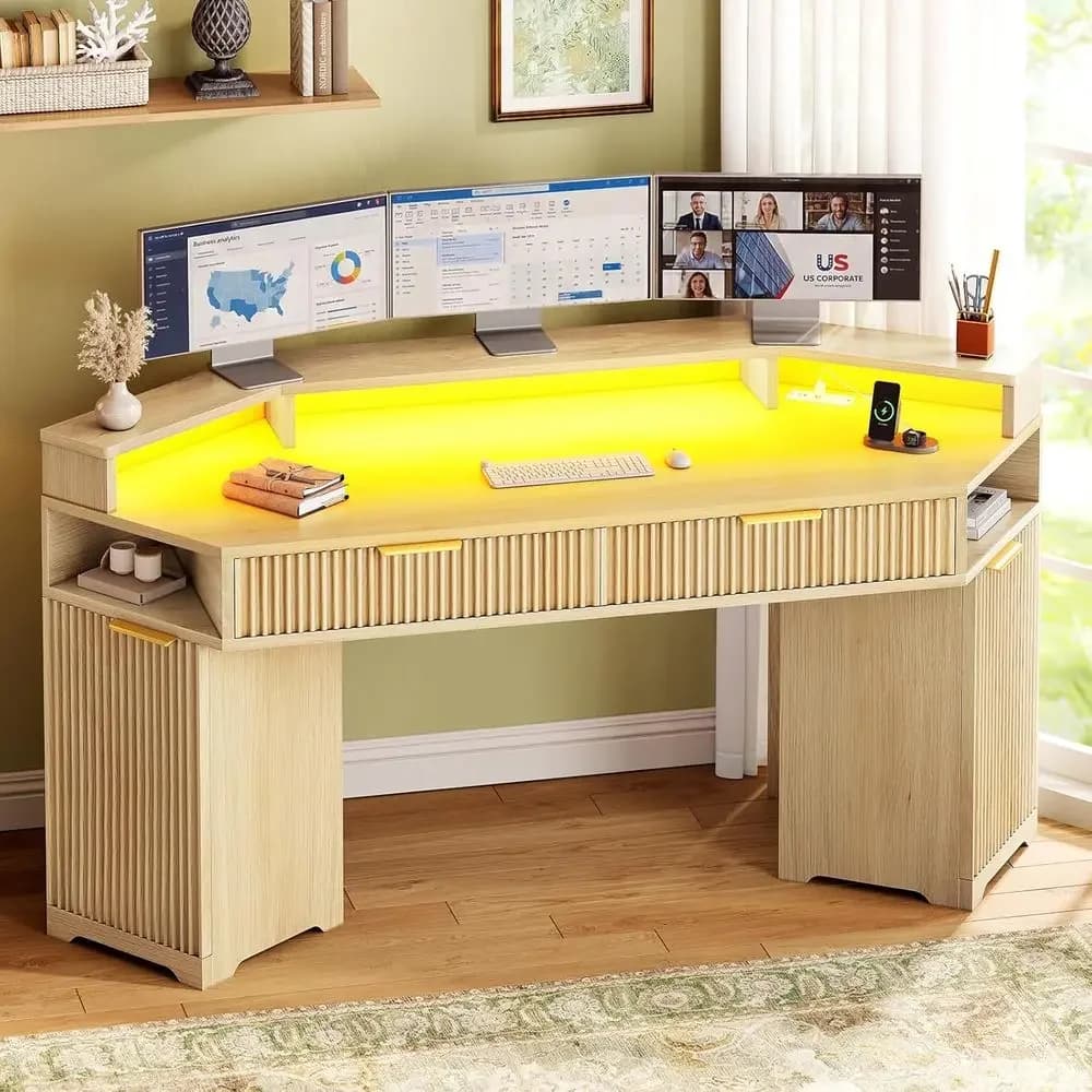 Double Desk with Storage, Compact Diamond Office Desk for Small Spaces, LED Gaming Desk with Power Outlet