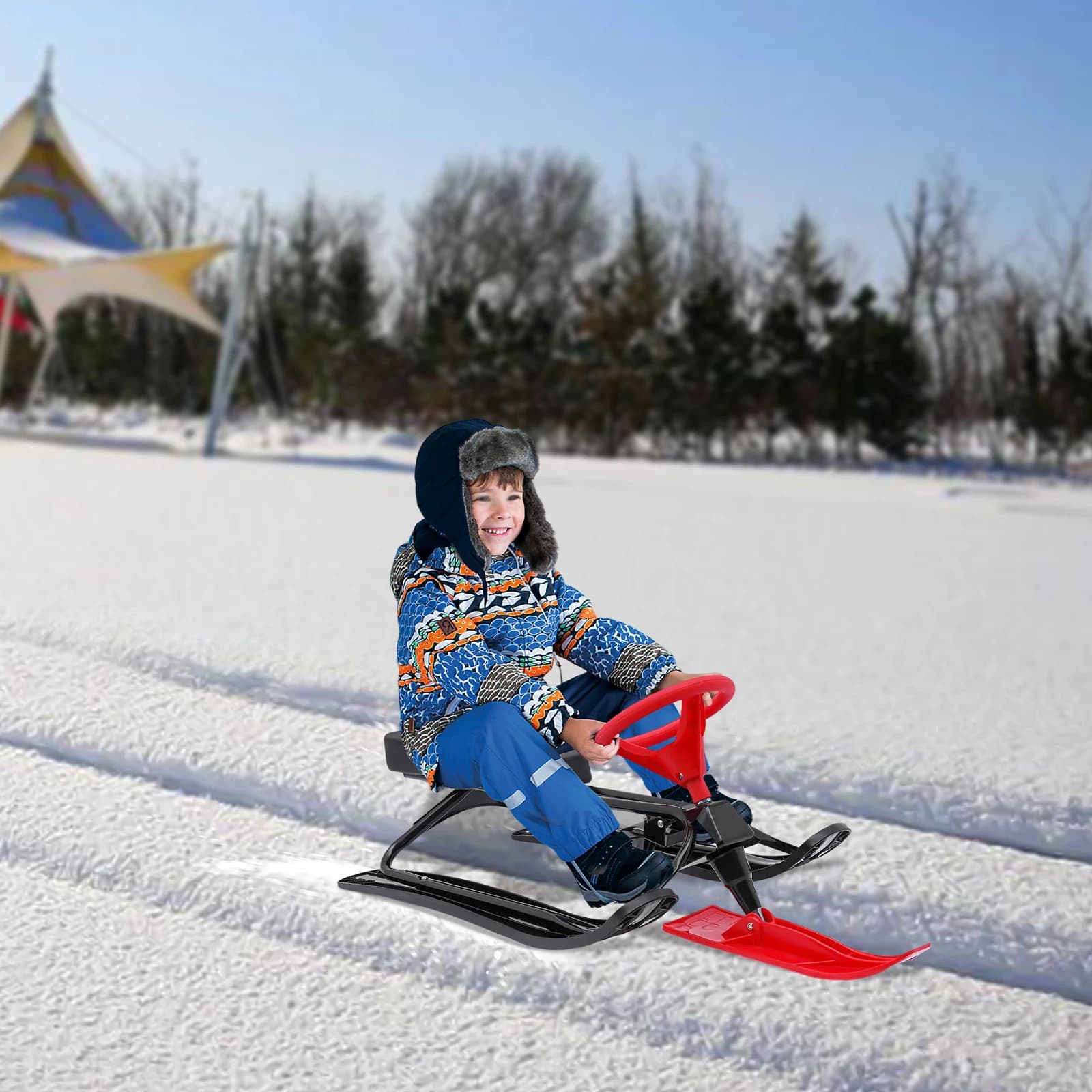 Slitta Snow Racer, Slitta da sci Slider Board con volante, per bambini 3-15 anni, per sci, pattinaggio su ghiaccio, carico 100 kg, Rosso
