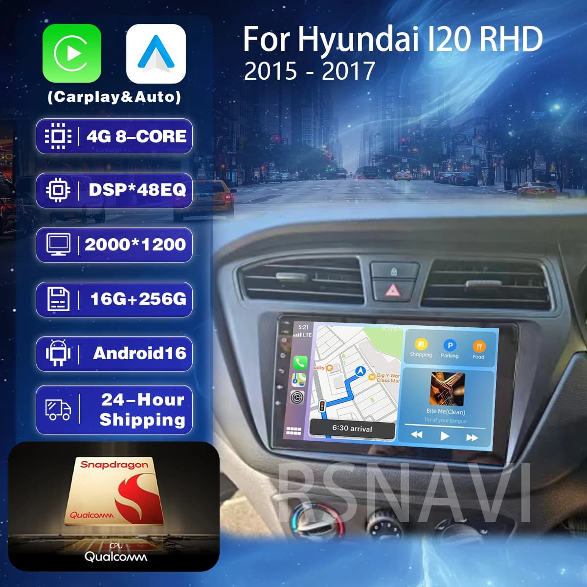 Autoradio Android 16 con WiFi+4G e Carplay per Hyundai I20 RHD 2015-2018, Navigazione GPS, Lettore Video, Stereo Multimediale