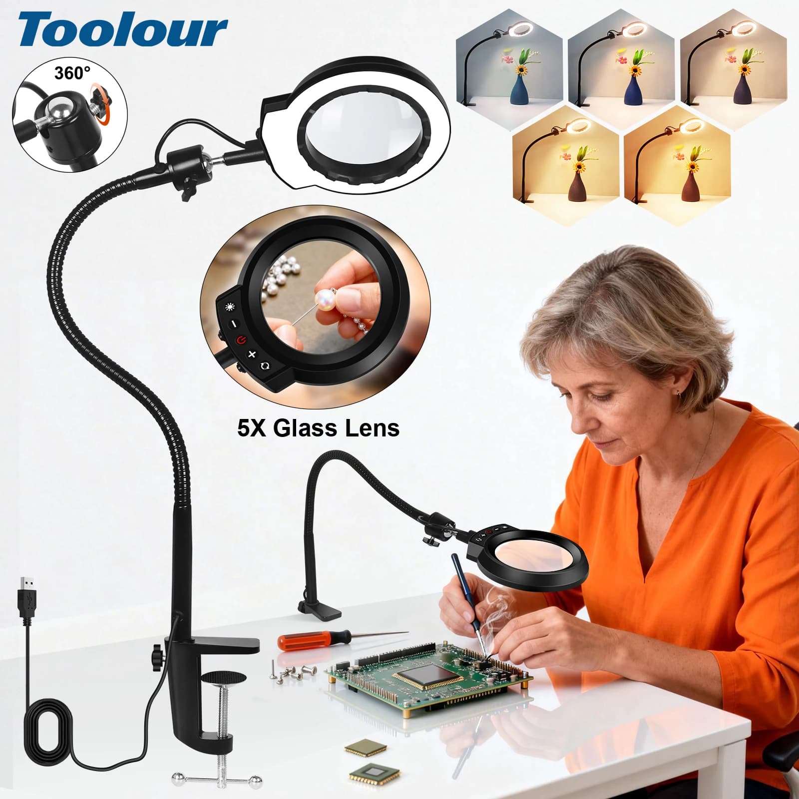 Toolour 5X Illuminated Magnifier LED Desk Lamp Gooseneck Arm Table Clamp Magnifying Glass for Soldering Iron Repair/Table Lamp