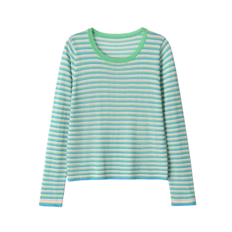 Maglia a maniche lunghe casual da donna con scollo rotondo e lavorazione a maglia fine a righe, nuova collezione estate 2026