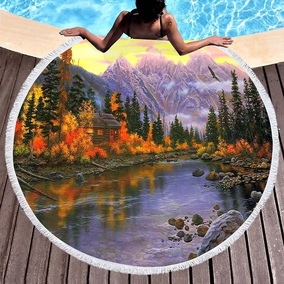 Round Sea towel with Natural Mountain Scenes, Towel Fast drying absorbent for Pool with Nappe, Rolling Mat for Yoga and Meditation, Picnic towel