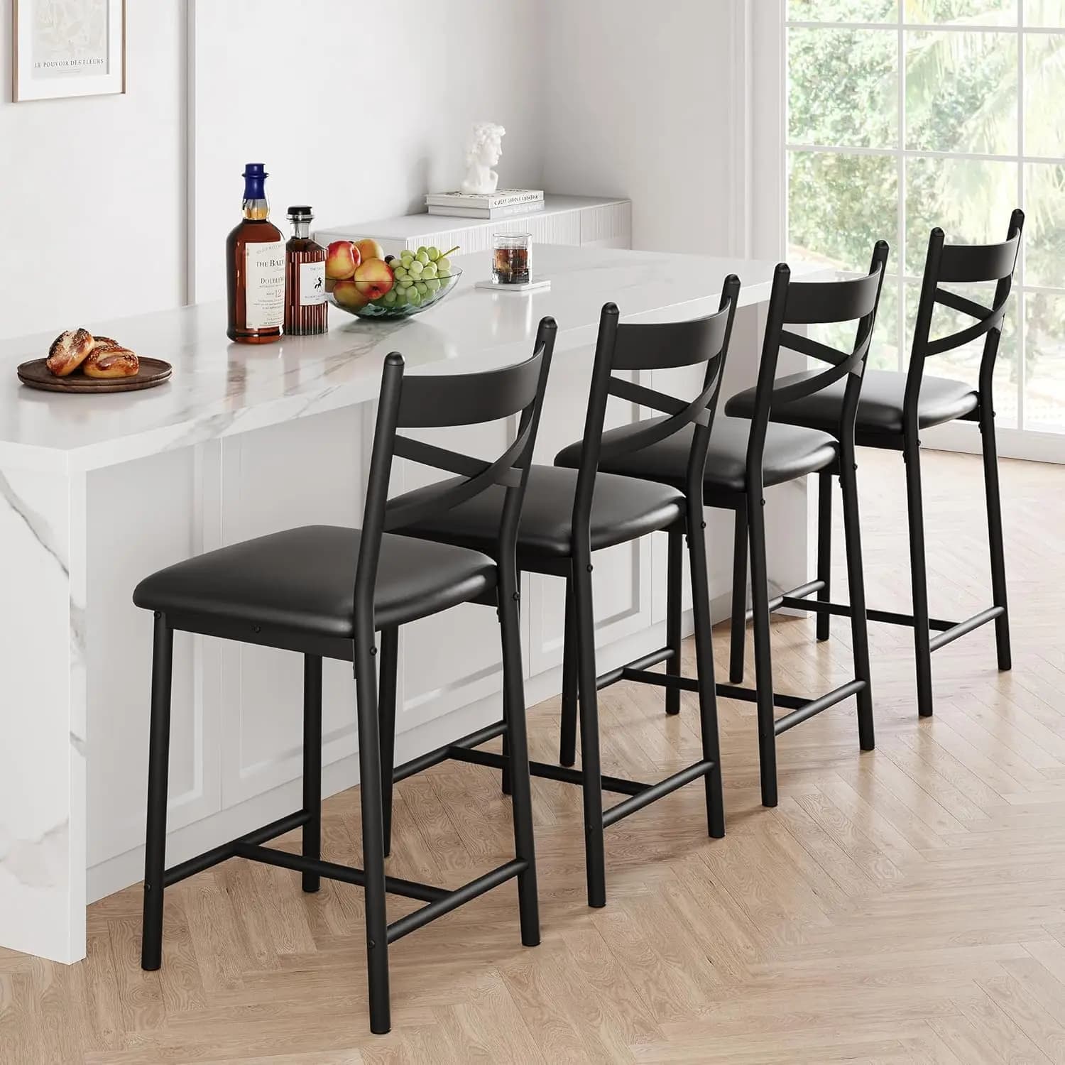 26 Inch Bar Stools Set of 4, Upholstered Bar Chairs with Back, Thick Cushion, Counter Height Barstools for Kitchen Island Apa