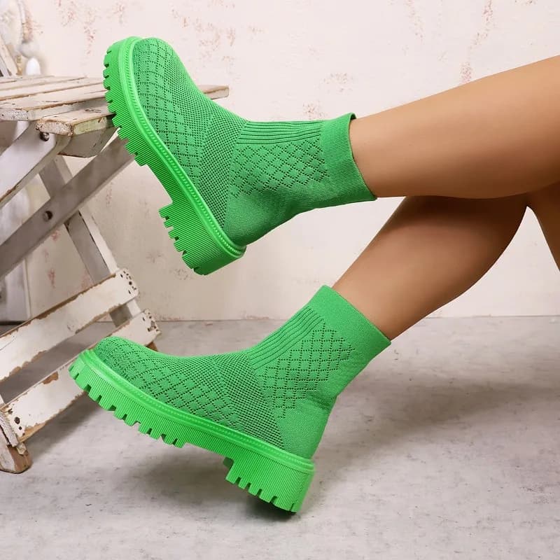 Spring Autumn New Simple Round Toe Women's Mid Calf Boots Fahion Knitted Design Solid Breathable Thick Soled Comfort Women Shoes