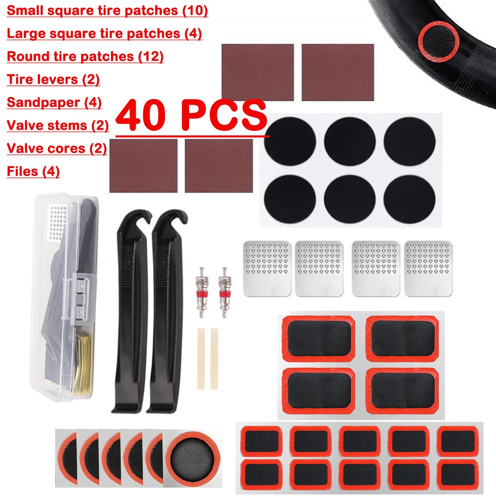 40PCS Portable Bicycle Repair Tool Kit Self-Adhesive Rubber Patches with Storage Case Bike Tyre Fix Accessories for MTB City Bik