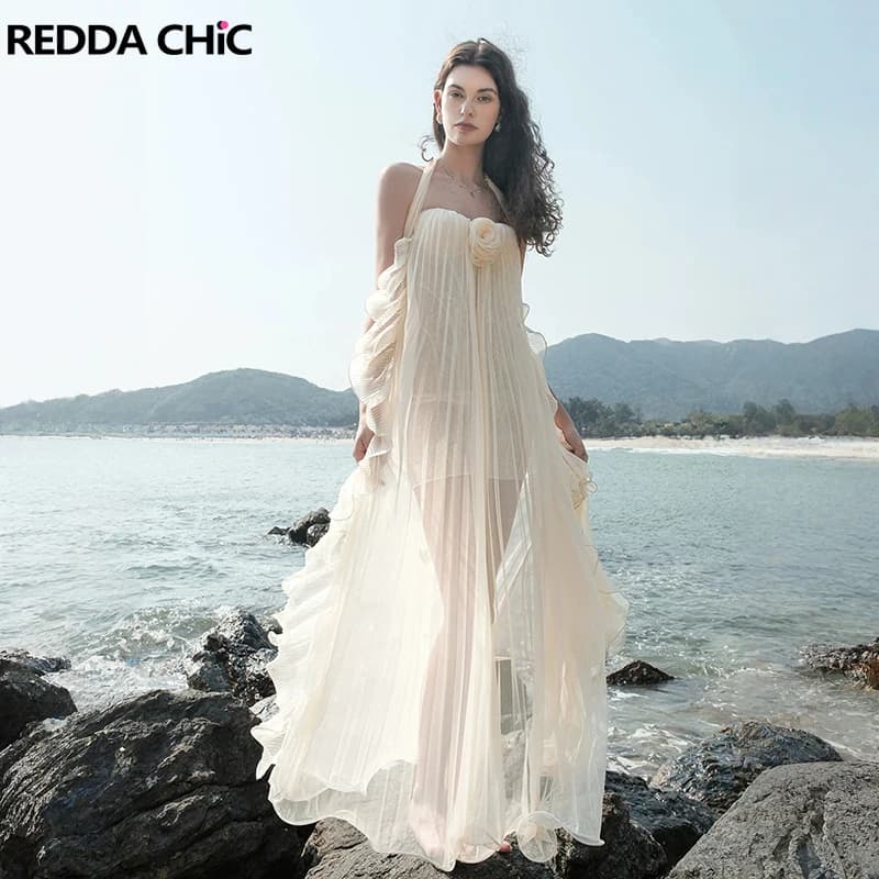 REDDACHiC Chiffon Layering Women Lace Bodycon Sexy Scarf Bandeau Open Back Ruffle Pleated Maxi One-piece Evening Summer Clothes