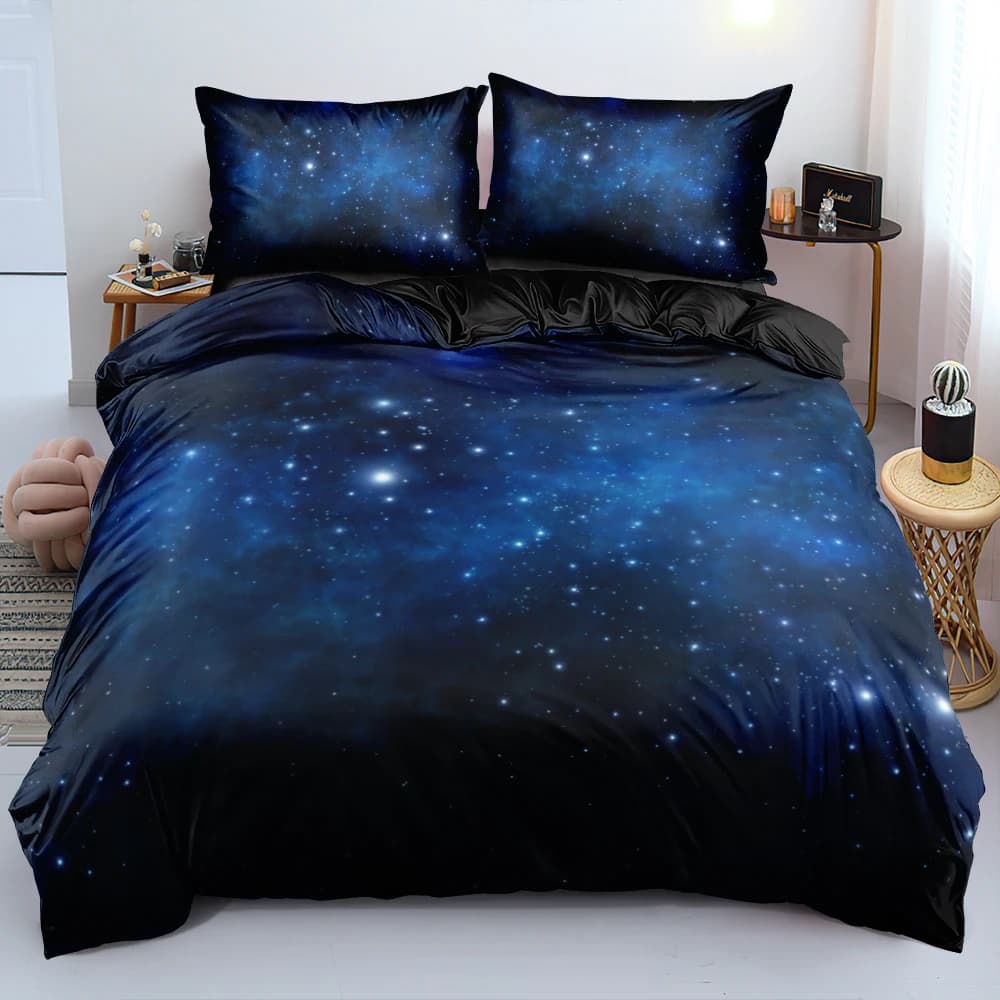 Set biancheria da letto di lusso Galaxy blu scuro Set copripiumino/fodera matrimoniale Queen King Size Set copripiumino cielo stellato stelle brillanti