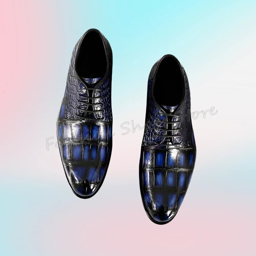 Blue Crocodile Runway Men's Loafers Lace Up Chunky Heels Business Dress Shoes Big Size New Style Shoes 2023 Zapatos Para Hombres