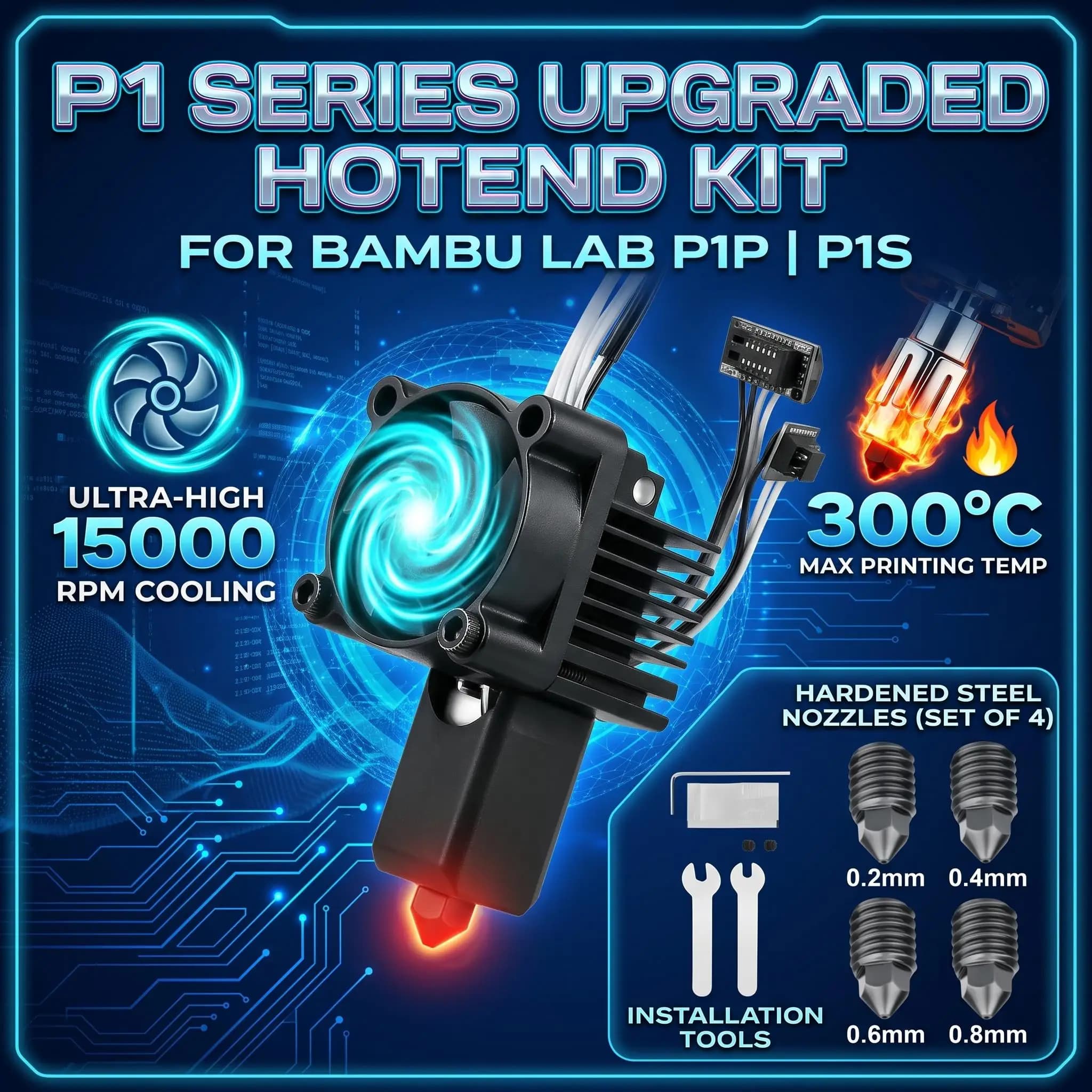 3D Printer Upgrade Hotend Assembly Kit with Fan, 0.4mm Hardened Steel Nozzle Plug & Play Replacement Parts For Bambu Lab P1P P1S