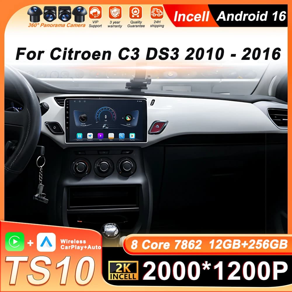 Autoradio Android 16 with Multimedia Reader and Carplay for Citroen C3 DS3 2010-2016, 4G Wifi GPS Navigation BT