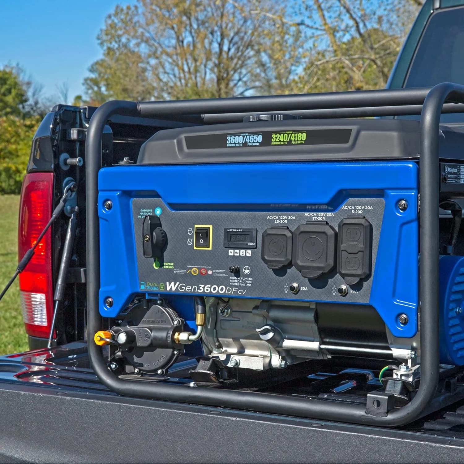 Generatore Portatile Dual Fuel da 4650 Watt di Potenza Massima, Pronto per Camper con Presa 30A, Alimentato a Gas e Propano, con Sensore CO