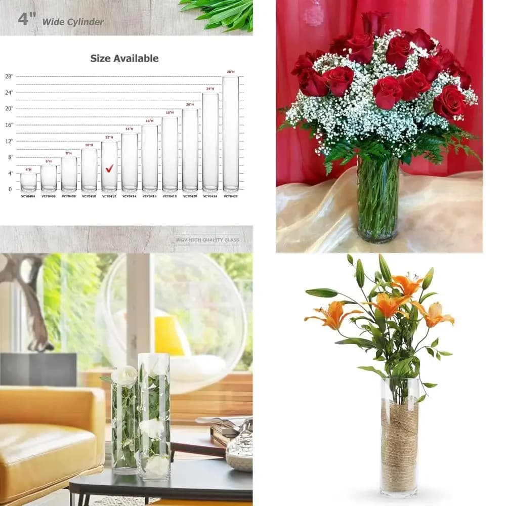 Cylindrical vases in transparent glass, diameter 4 cm x height 12 cm, for wedding centerpiece, candle holder, flowerer, packing with 6 pieces.