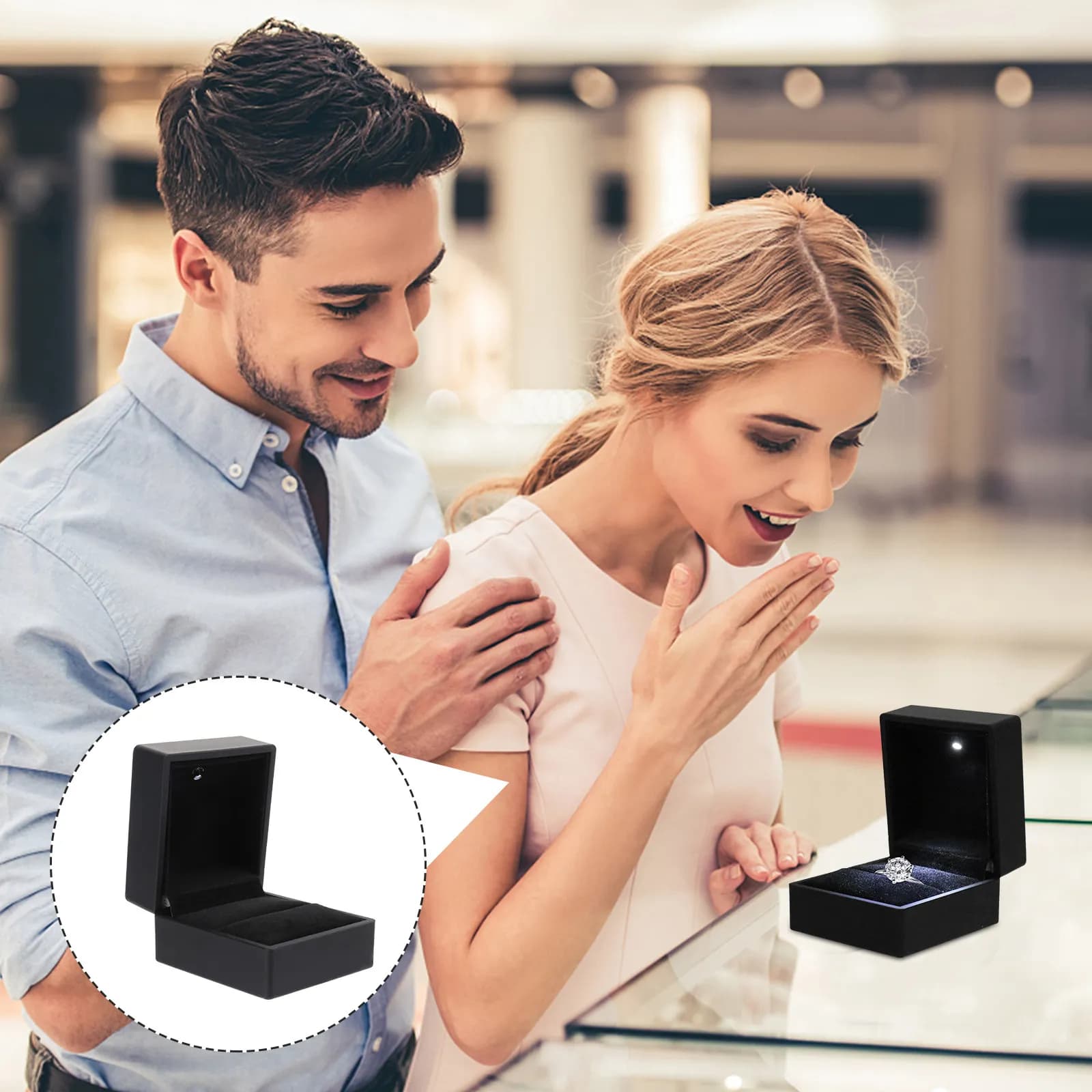 Scatola per Anelli Nuziali in PU Nero e Metallo con Luce LED Bianca Integrata, Ideale per Esporre Anelli di Proposta 75x75x45mm