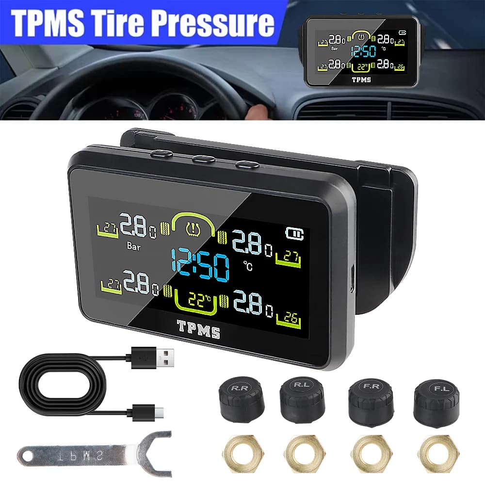 T14 Car Solor TPMS Sistema di monitoraggio della pressione dei pneumatici Tester della temperatura dei pneumatici 4 pezzi Sensori Orologio digitale Display della temperatura della cabina interna
