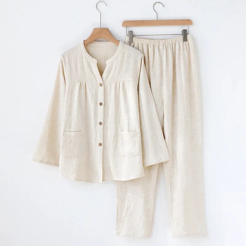 Pigiama da donna con scollo a V in stile giapponese Design semplice con bottoni sul davanti Homewear Pigiama in due pezzi in puro cotone per l'autunno Tinta unita morbida