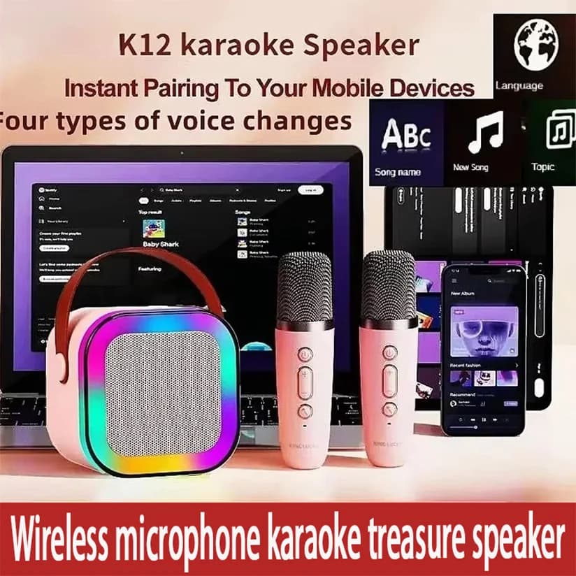 K12 Bluetooth 5.3 Macchina per karaoke Sistema di altoparlanti PA portatile con 1-2 microfoni wireless Casa Famiglia Canto Regali per bambini