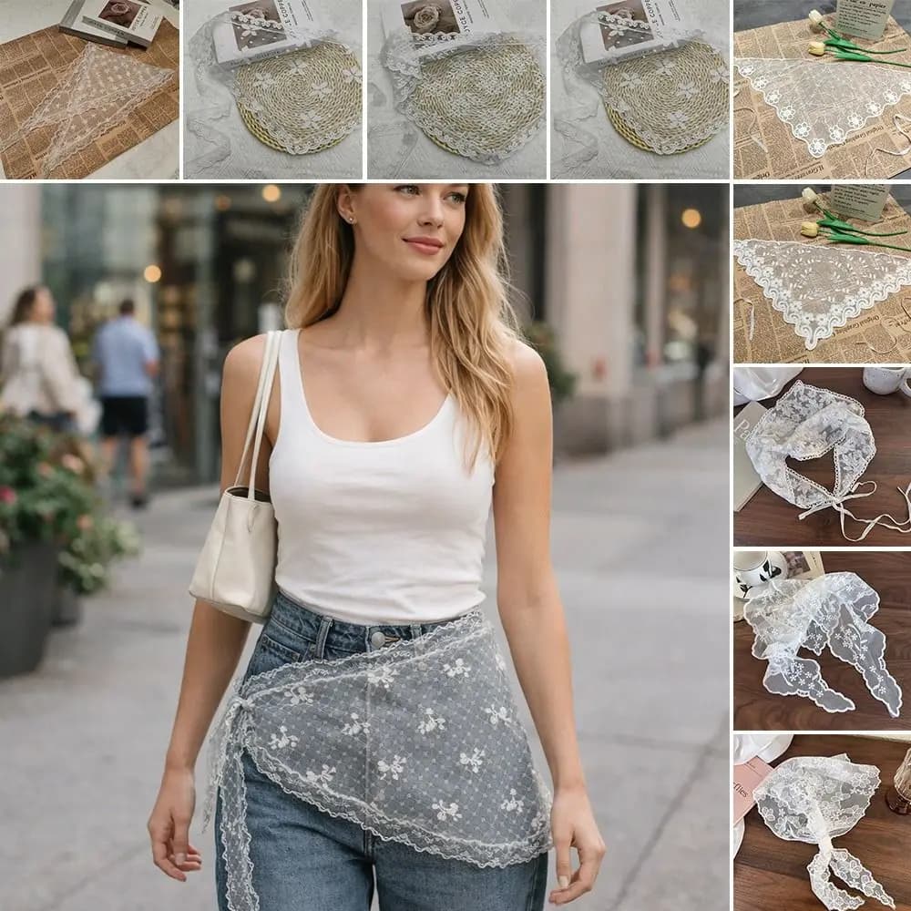 Embroidered Lace Triangle Headscarf White Pastoral Style Hair Bandana Hollow-out Woven Floral Lace Skirt for Women Girls