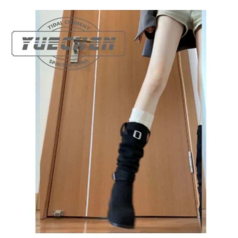 Women Retro Suede Fold‑Over Mid Calf Boots Ladies Buckle Strap Chunky Platform Heel Boots Vintage Casual Daily Winter Shoes