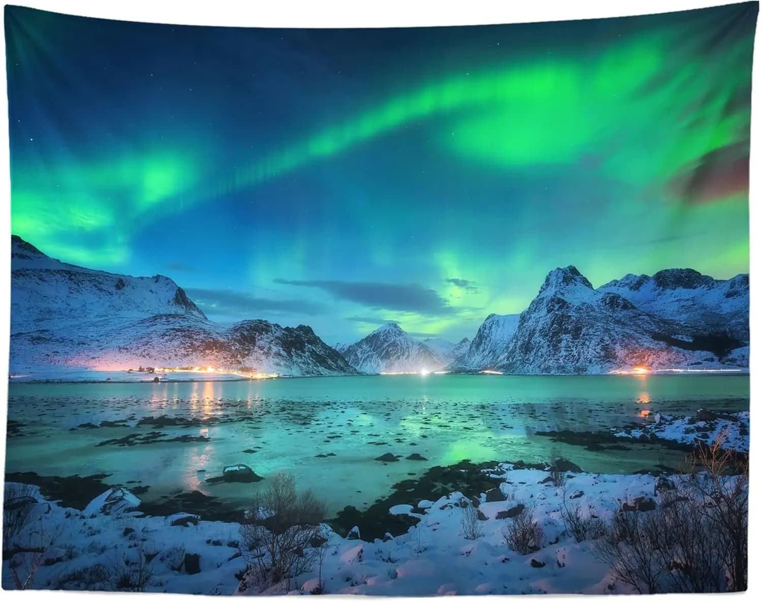 Northern Lights Tapestry, Green Aurora Over Snowy Mountains and Frozen Lake at Night Print Wall Hanging for Home Decor