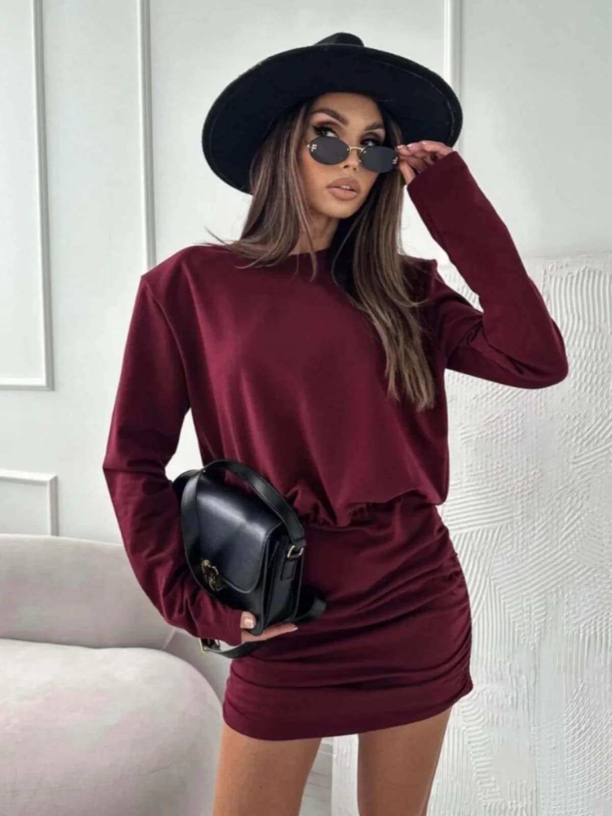 Fashionable Small Size round Neck Leopard Print Pleated Wrap Long Sleeve Dress Short Skirt Polyester Fiber Knitted Business S...