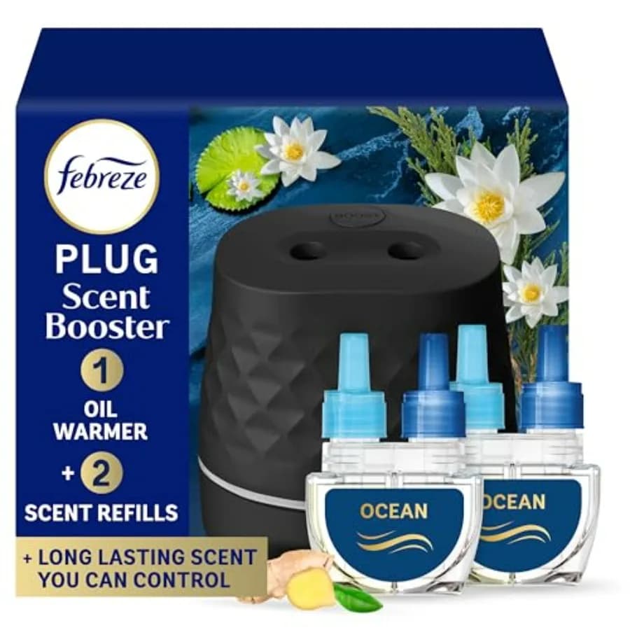 Febreze PLUG Scent Booster Starter Kit, Nero, Diffusore di Oli Essenziali, Deodorante per Ambienti da Presa, Dispositivo a Profumo Continuo + 2 Ricariche Ocean