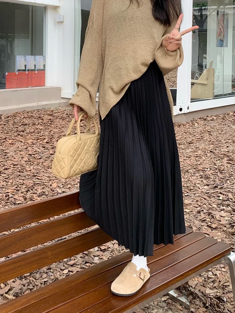 Woolen A-Line Midi Skirt Women's Autumn Winter plus Size Conceal Hip Slimming Fashionable High Waist Pleated Skirt