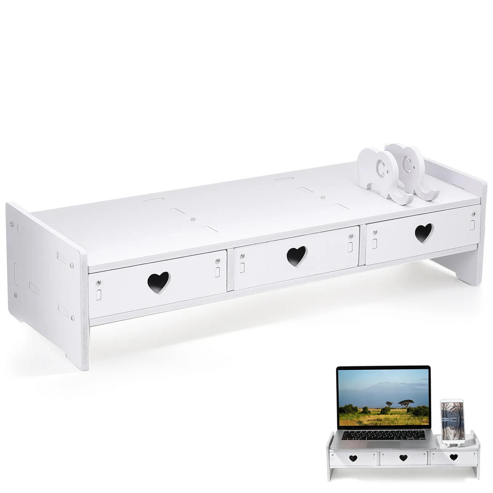 Supporto per Monitor con Cassetto Porta Tastiera, Organizzatore da Scrivania, Base Rialzata per Laptop in PVC e Legno