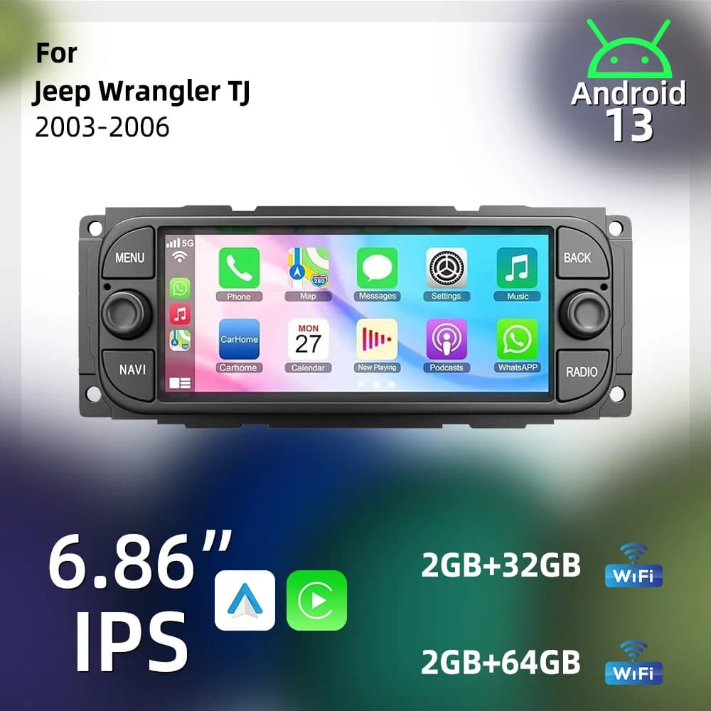 Head Unit Stereo 6.86" Screen Android 13 Car Multimedia for Jeep Wrangler TJ 2003-2006 Wireless Carplay Autoradio 1Din Radio GPS