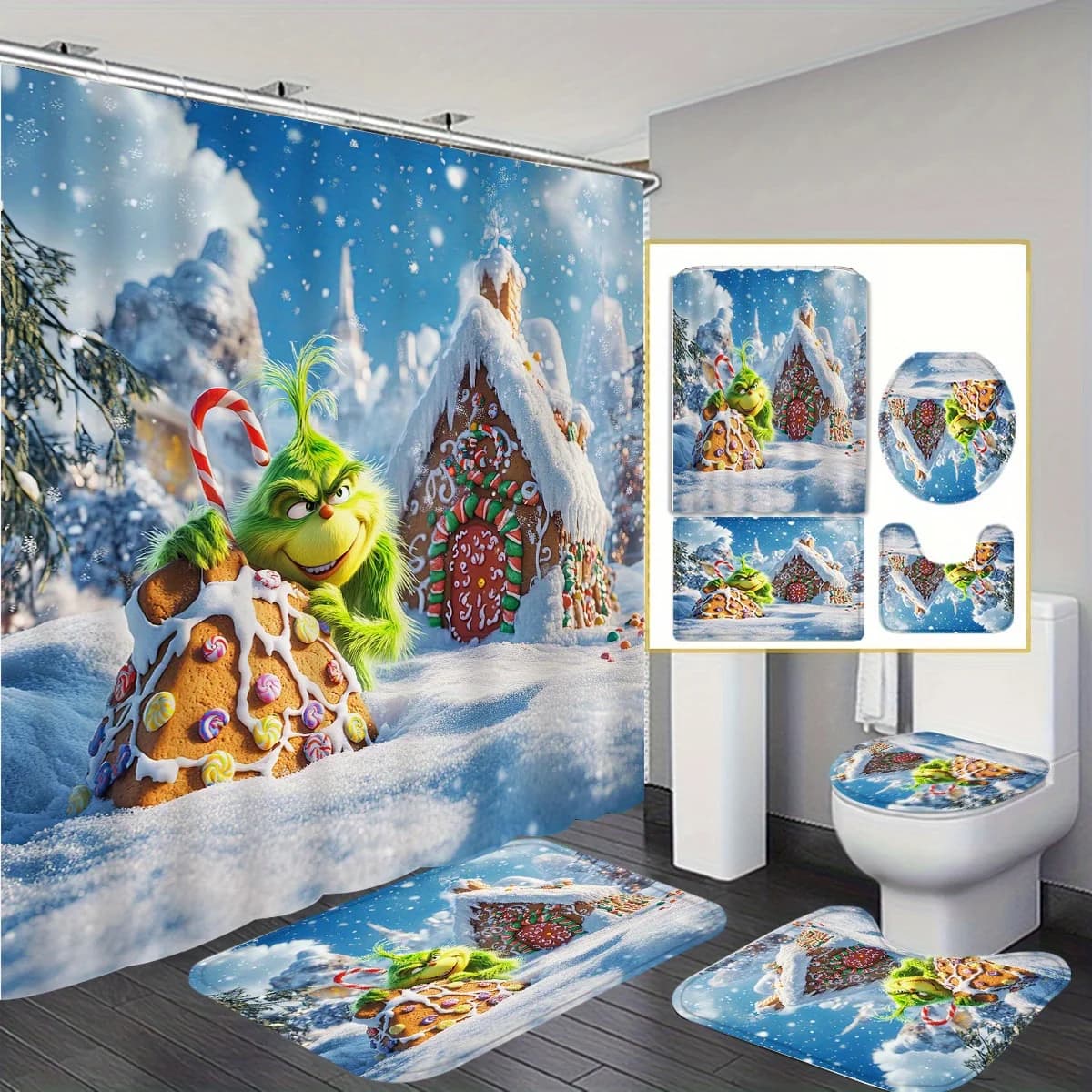 Il set da bagno natalizio Grinch con tenda da doccia, copriwater e tappetini | Scena di Natale nevosa | Decorazione festiva delle vacanze