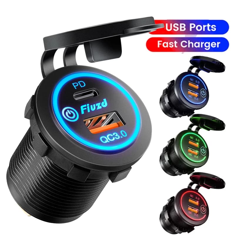 Quick Charge 3.0 Dual USB Fast Car Charger Socket 36W Waterproof 12V/24V Power Outlet with Touch Switch & Led Light Waterproof