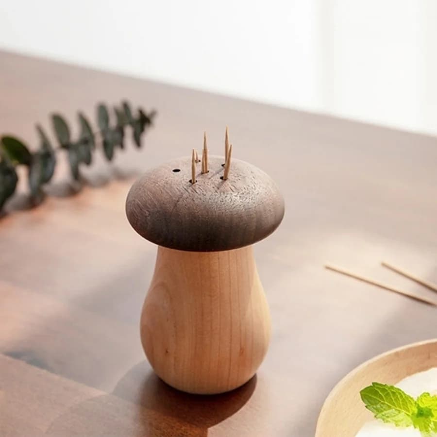 Portastuzzolini in Legno a Forma di Fungo con Coperchio in Noce, Dispenser Naturale per Stuzzolini, Decorazione per Cucina e Tavola, Scatola Portaoggetti