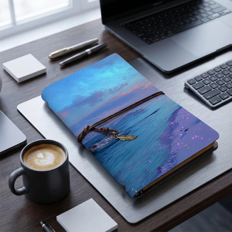 Diario da Viaggio A6 in Pelle PU con Stampa Onde Oceaniche Scintillanti, Chiusura con Ciondolo a Piuma - Paesaggio Spiaggia al Tramonto