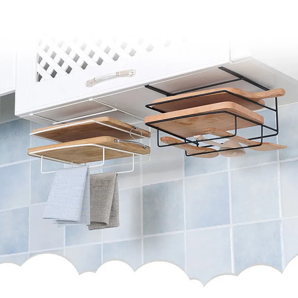 Double-Deck Wall-Mount Cutting Board Rack Iron Chopping Board Holder Towel Holder Drip Tray Kitchen Storage Organizer Black