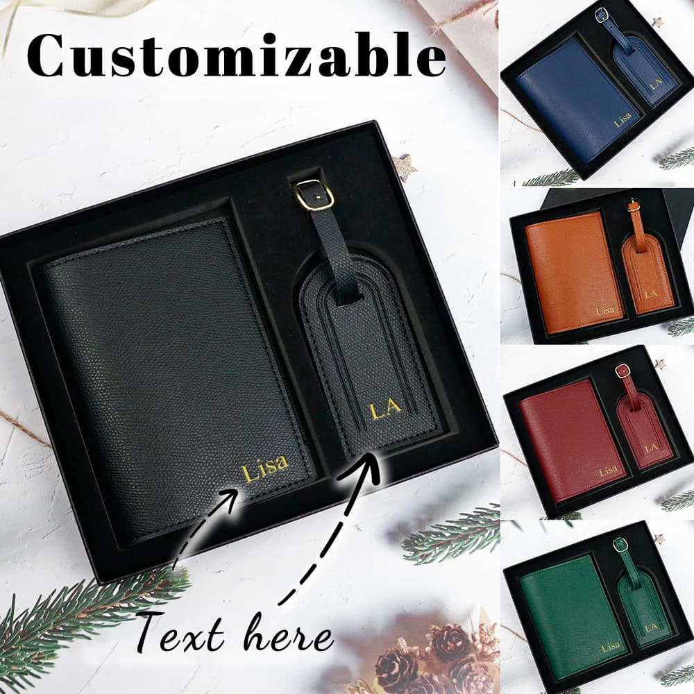 Porta passaporto da viaggio in pelle PU con nome personalizzato e etichetta anti-smarrimento per bagagli con confezione regalo da viaggio essenziale