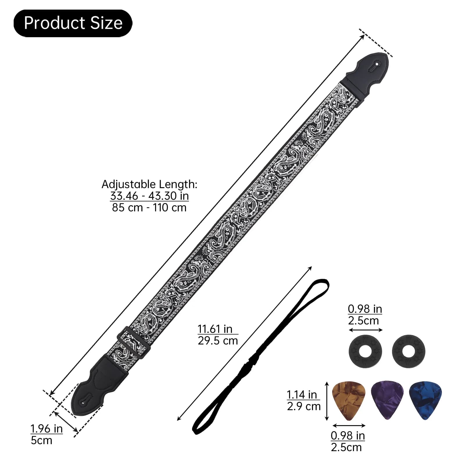 Embroidered PU Leather Ends Guitar Strap Quick Release Adjustable Acoustic Electric Guitar Bass Strap Belt Lock Button Picks