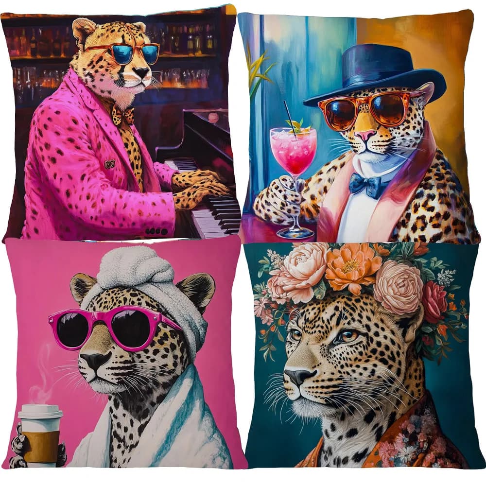 Fodera per cuscino con stampa floreale di animali pop: leopardo e leone con occhiali da sole