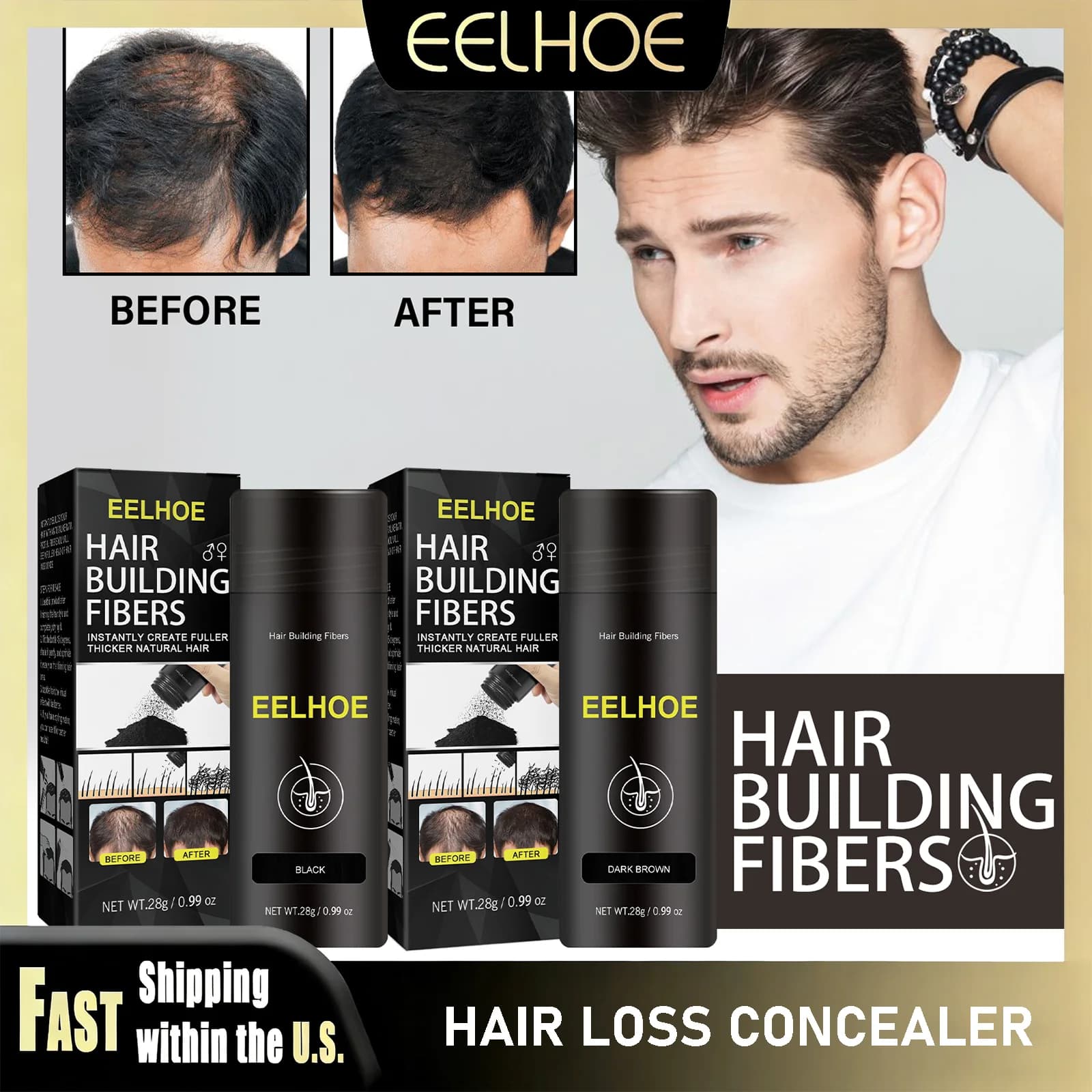 EELHOE Fibre Powder for Dark Brown Hair, Natural Keratin Fiber to Hide and Infoltire Hair, Unisex Powder for Extension and Volumization