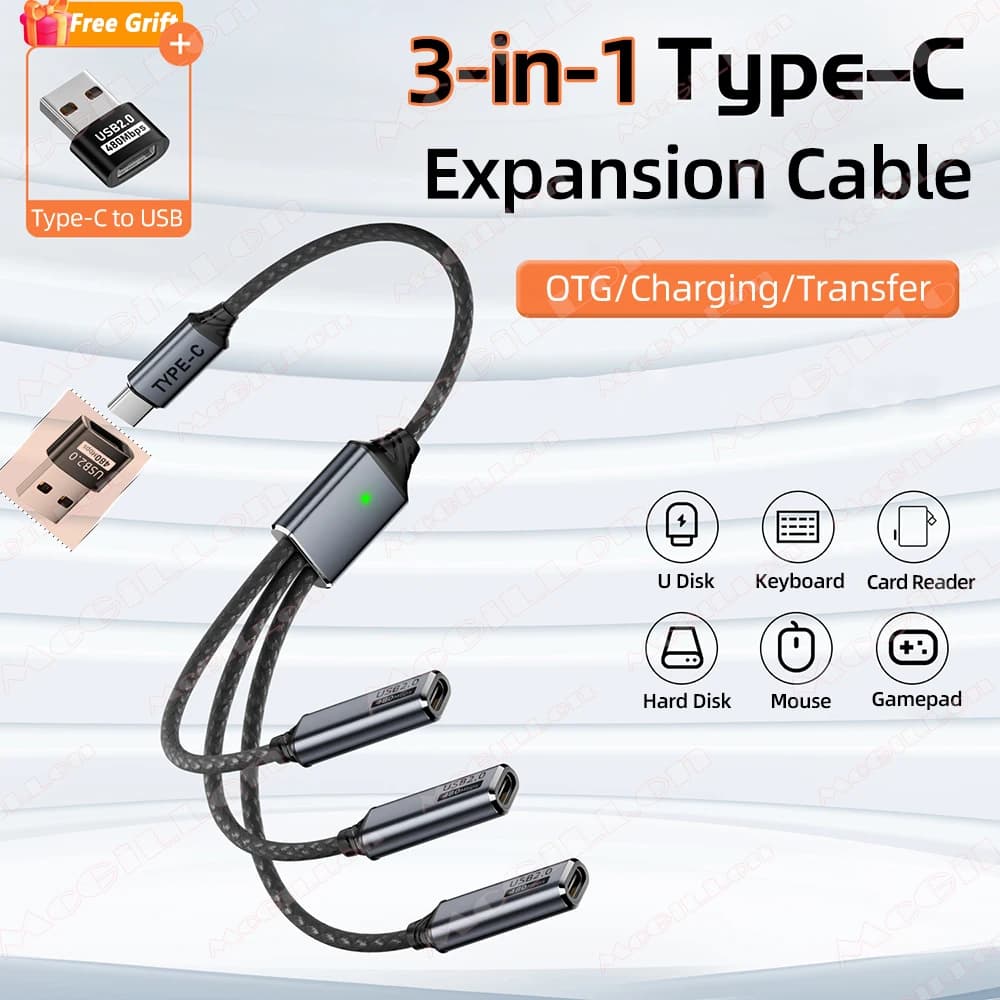 Cavo sdoppiatore per caricabatterie dati OTG USB HUB USB A TYPE-C a 3 porte per stampante telefonico tastiera mouse WIFI wireless Bluetooth HDD disco U