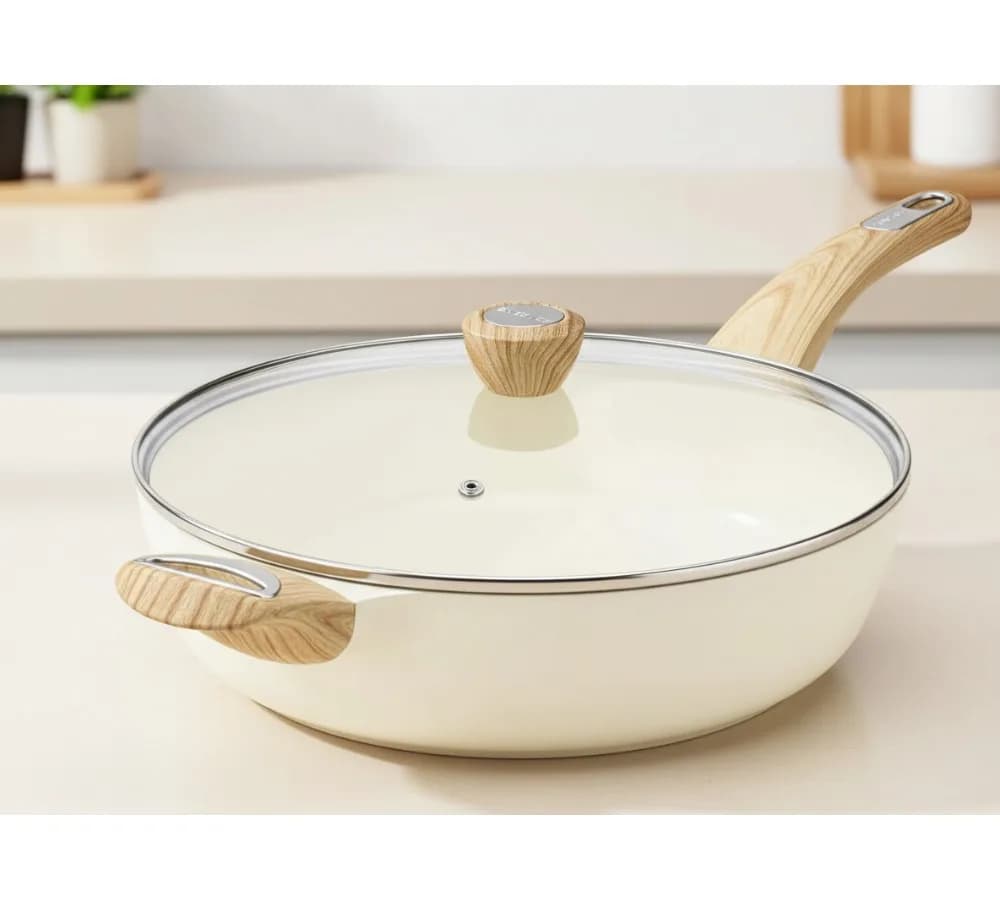 12 inch ceramic non-stick pan with lid, deep pan compatible with induction, healthy pan without PFOA for family