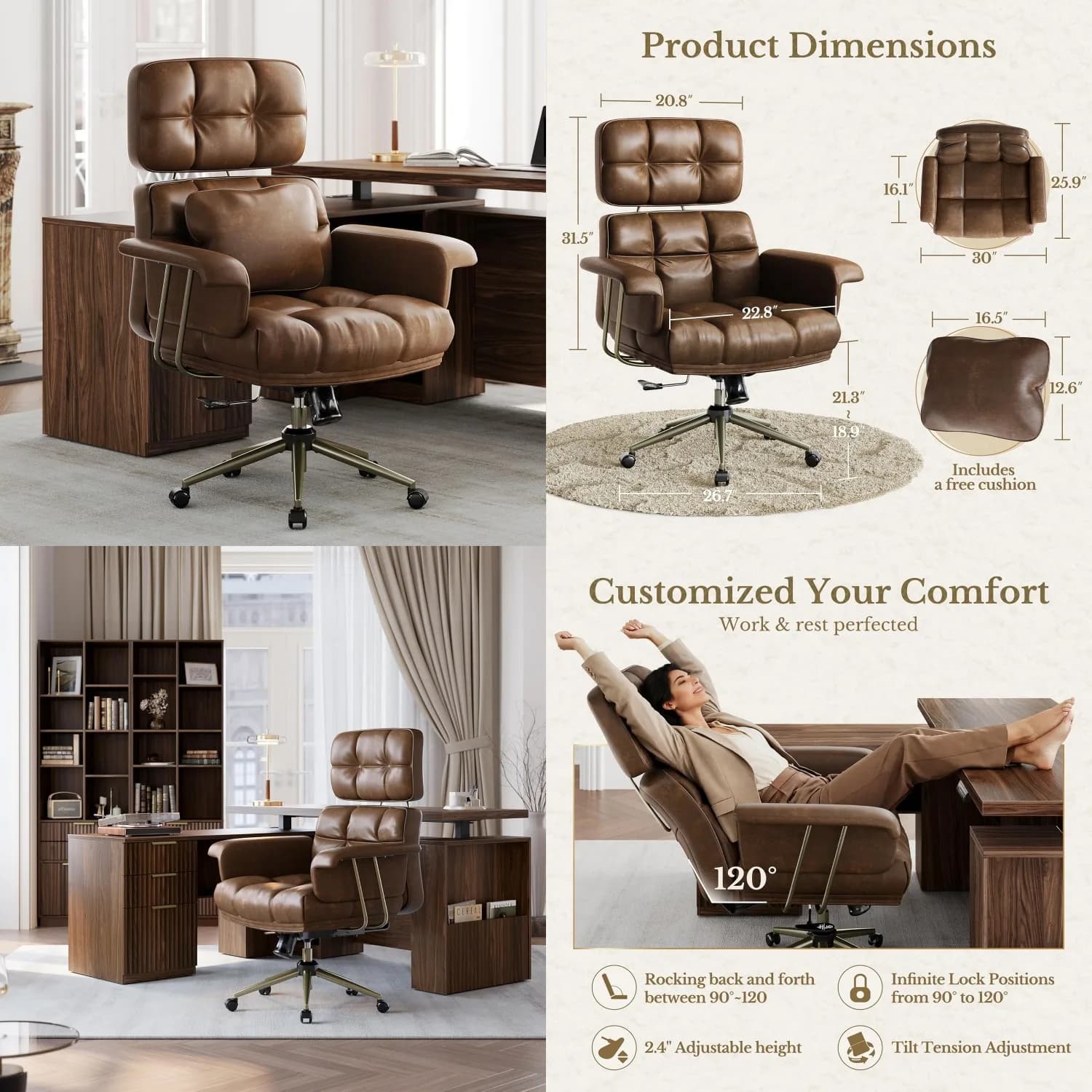 Sedia da Ufficio Ergonomica in Pelle PU con Cuscino Spesso e Supporto Lombare Girevole per Casa e Ufficio Marrone Personalizzabile