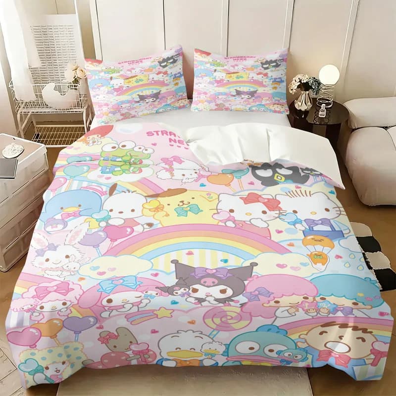 Set di Biancheria da Letto Sanrio Friends Pastel Rainbow, Copripiumino con Stampa Integrale Kawaii e Federe, Set per Camera da Letto delle Ragazze, Biancheria da Letto Anime