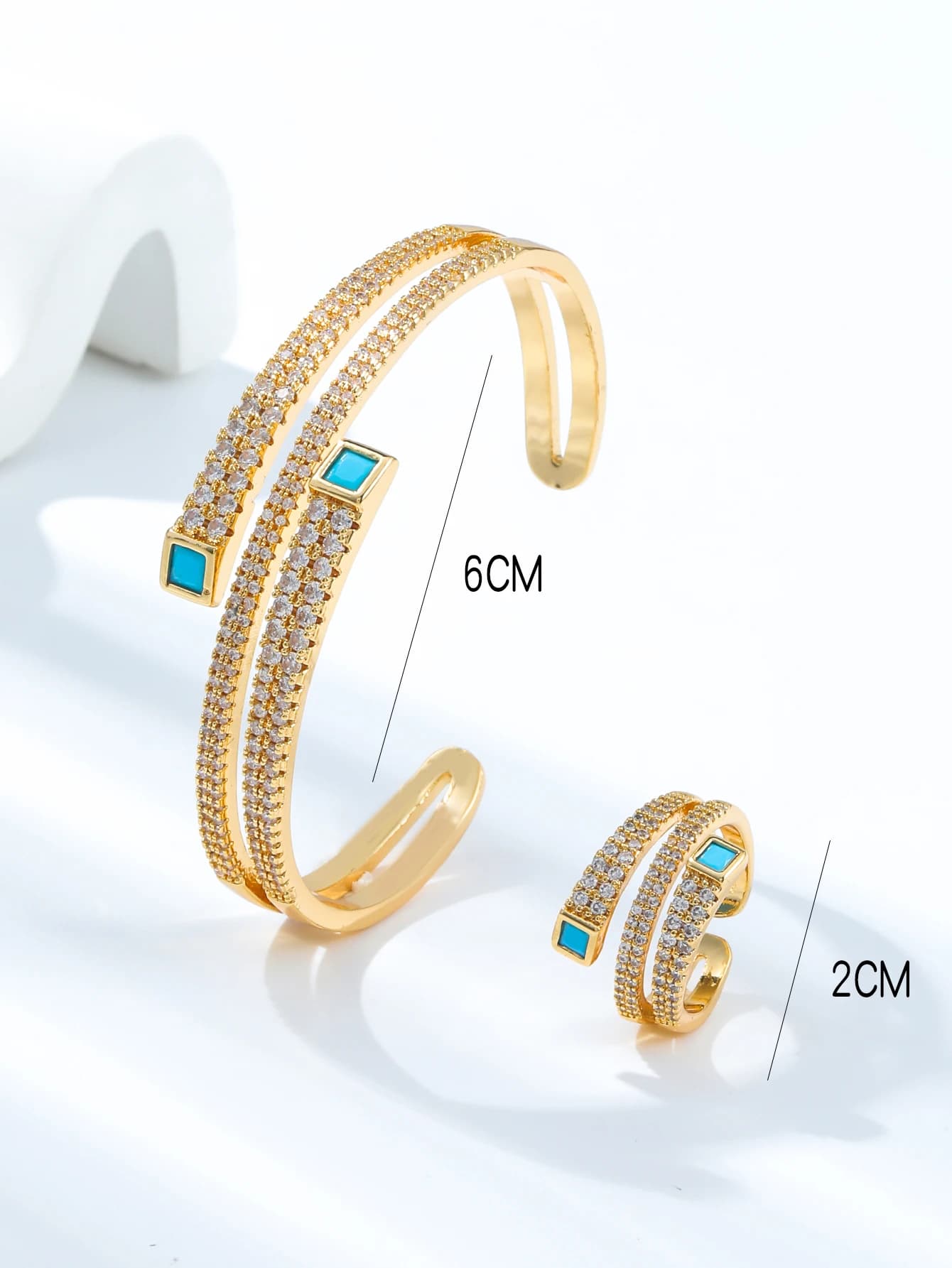 Set di Bracciale e Anello con Diamanti Blu Quadrati a Doppio Strato, Design Unico, Sensazione di Lusso, Raffinato, per Donne