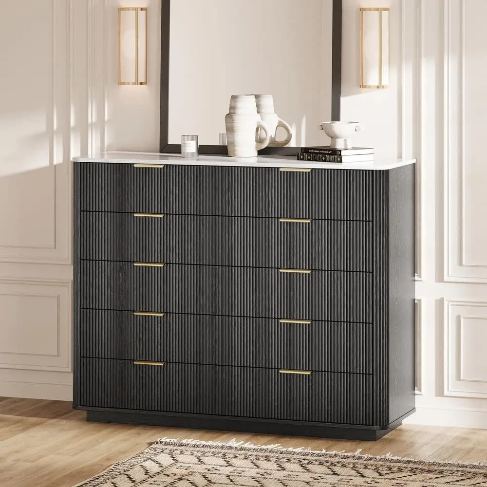 Cassettiera per Camera da Letto con 10 Cassetti, Larga 42 Pollici, Stile Mid-Century con Piano in Finto Marmo e Maniglie in Metallo, Cassettiera in Legno