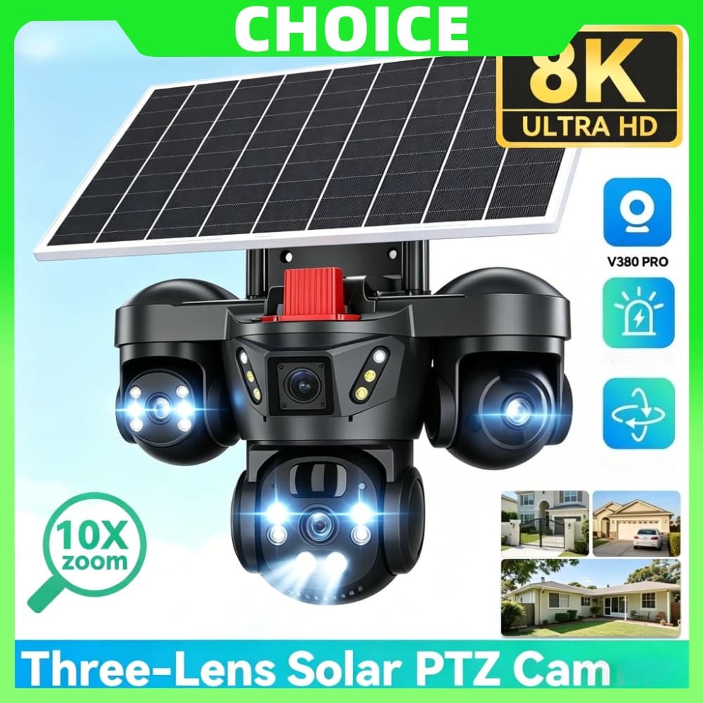 V380 Pro WiFi Solar Camera Triple Screen 10X Zoom Security Protection 4G Sim Card Wireless Solar Surveillance Cam IP Monitor