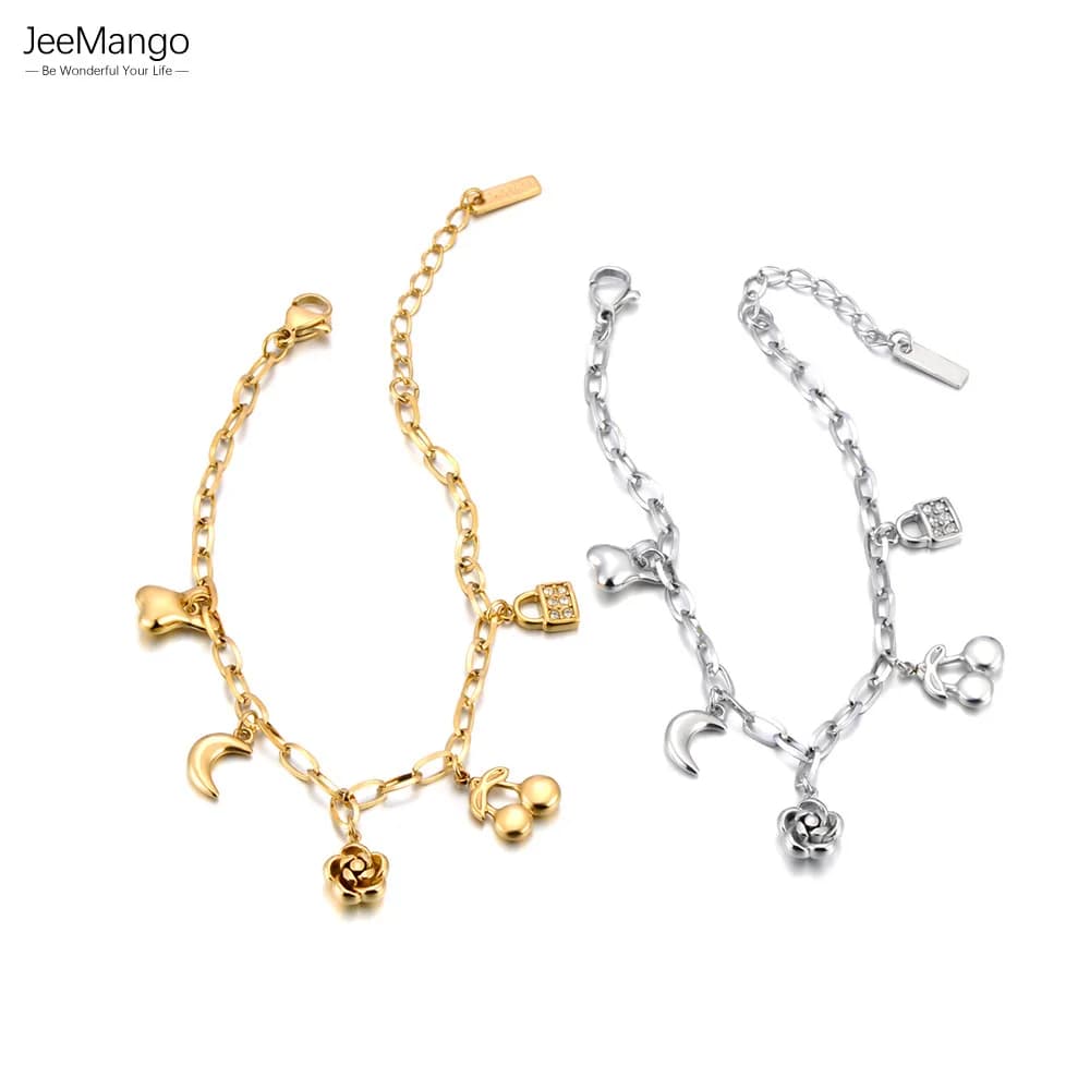 JeeMango moda acciaio inossidabile fiore ciliegia luna blocco braccialetto di fascino braccialetto per le donne moda gioielli da polso impermeabili B25080