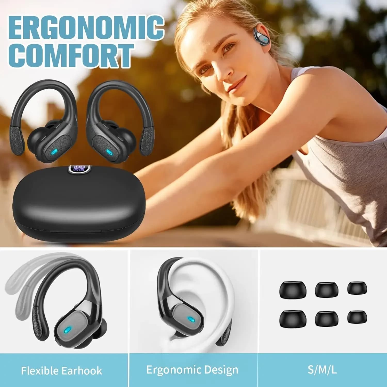 Bluetooth TWS headphones with microphones, sports ear hook, LED display, wireless headphones, HiFi stereo earphones, waterproof headphones