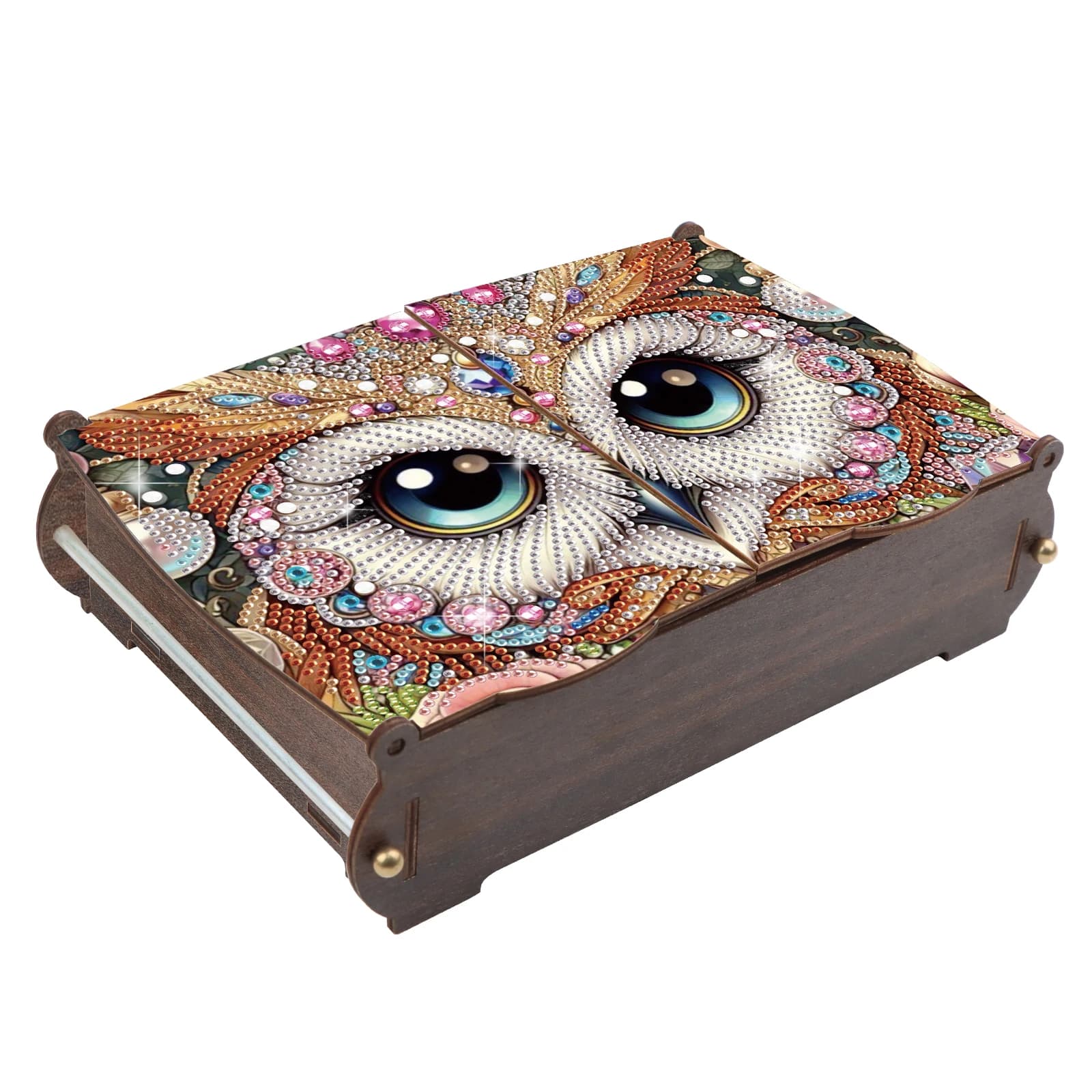 Wooden storage tanks kit with special-shaped artistic painting, wooden box with owl theme diamonds, hand-made gifts for desktop decorations