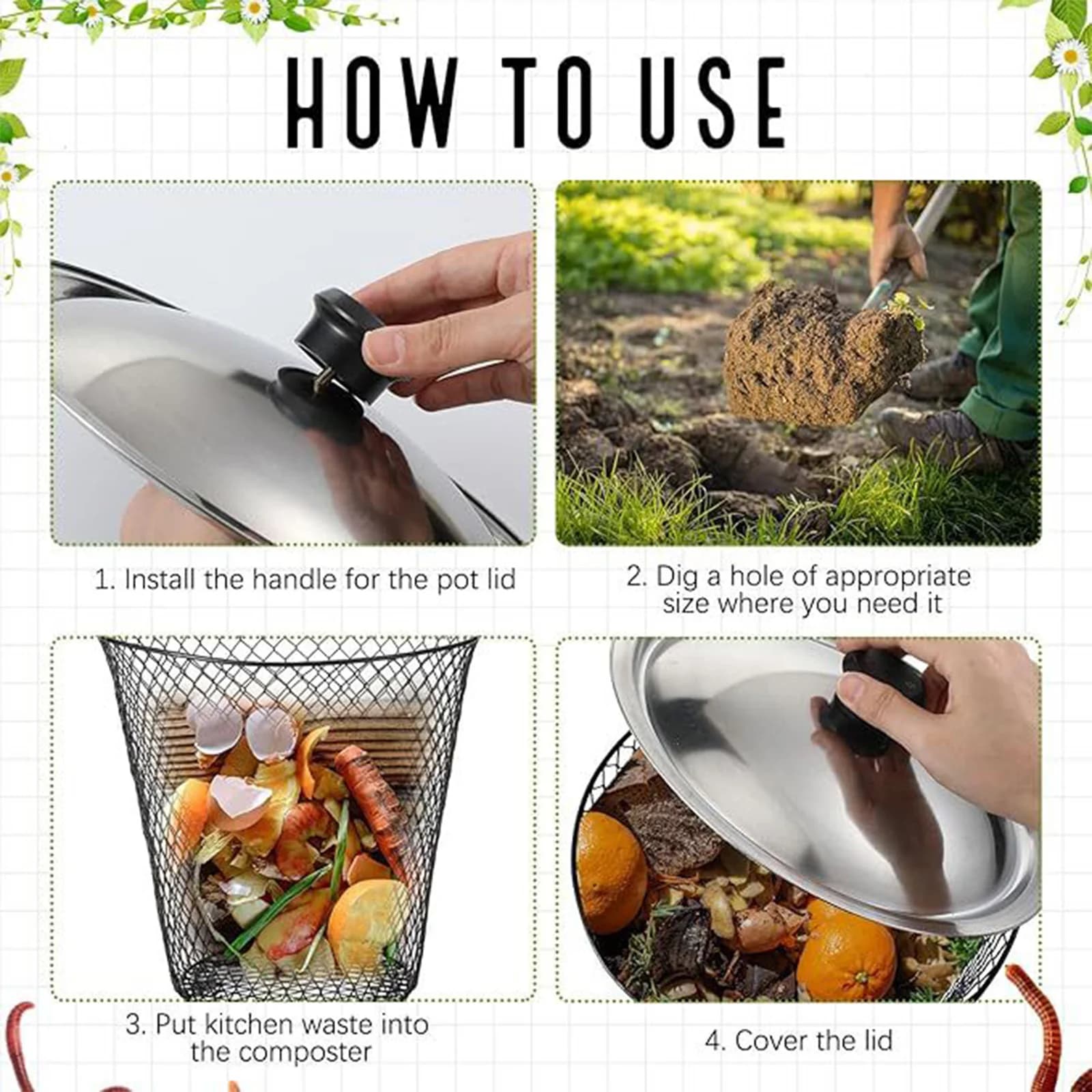 2/4 Sets Underground Compost Basket with Lid Farm Worm Vermicompost Mesh Bin Recycling Kitchen Food Waste