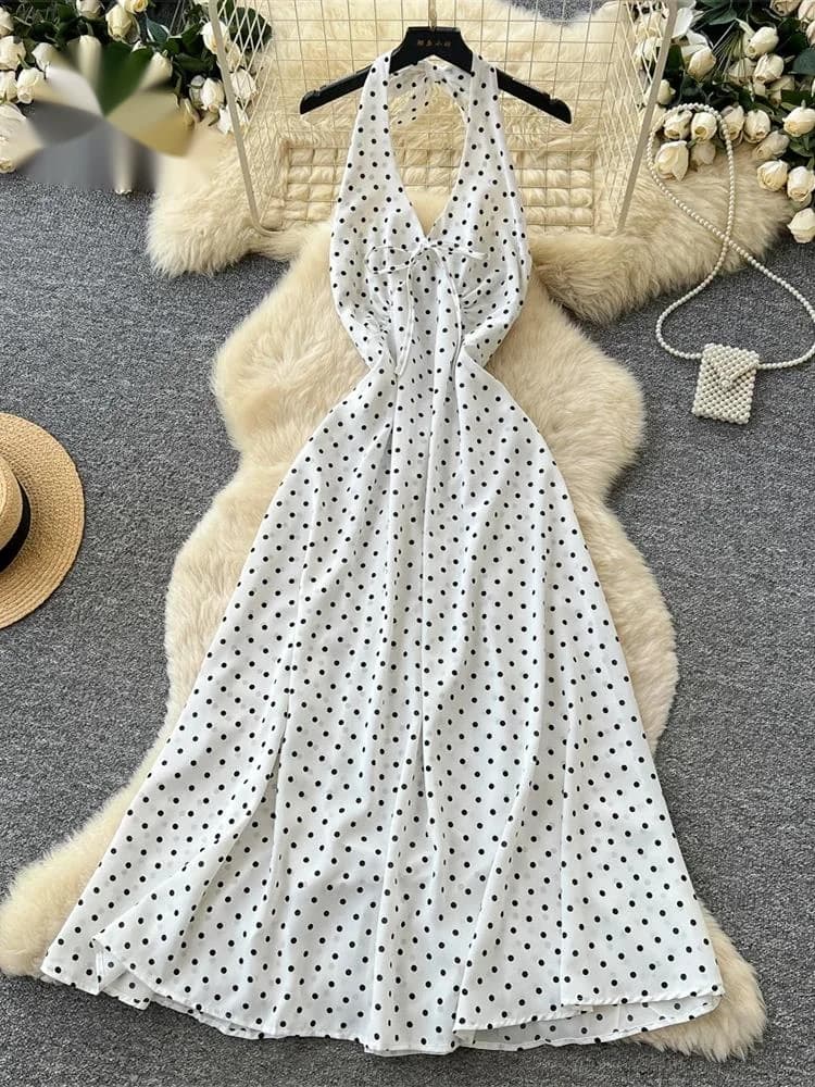 Chiffon Polka Dot Dress Summer Vacation Halter Backless V Neck Shirred A-line Female Classic Vintage Classy Long Dress